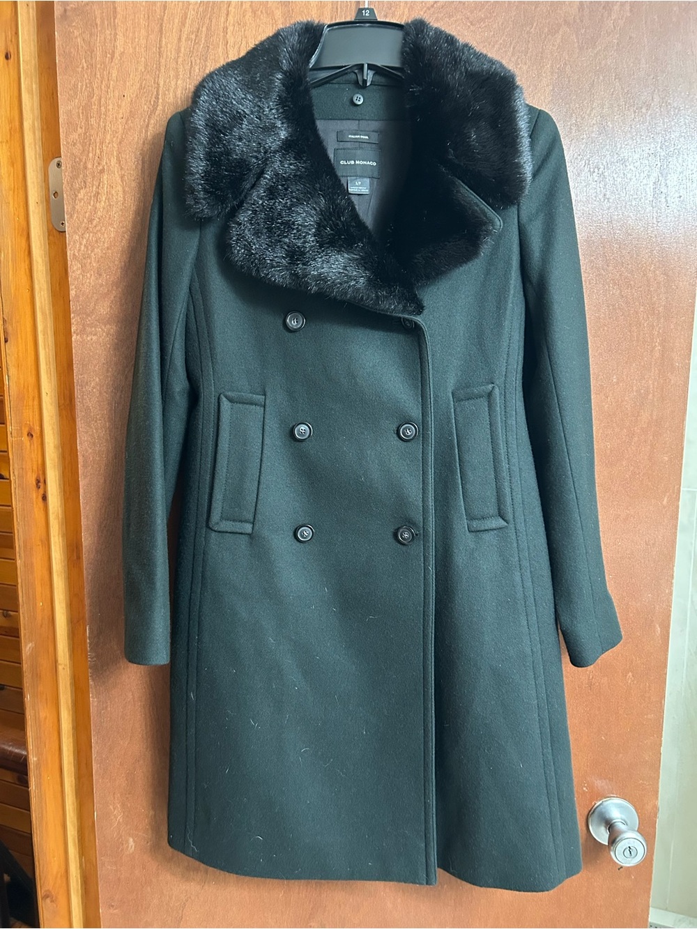 Club Monaco Black Wool Pea Coat with Faux Fur Collar